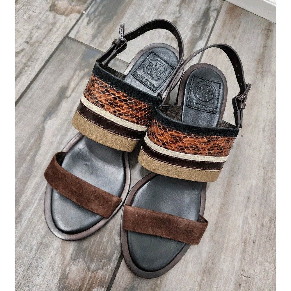 Tory Burch Brown Platform Sandals Snake Embossed Leather Slingback Block "Edna"6